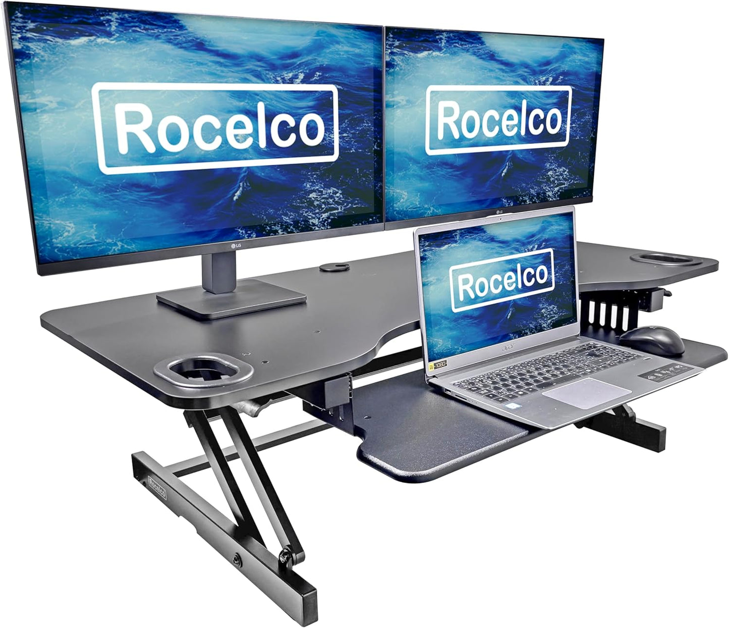 Rocelco 45" Height Adjustable Standing Desk Converter with Anti Fatigue Floor Mat and Slide Out Retractable Keyboard Tray - Sit Stand Up Triple Screen Tabletop Riser - Black (R ADRB-45-MAFM)