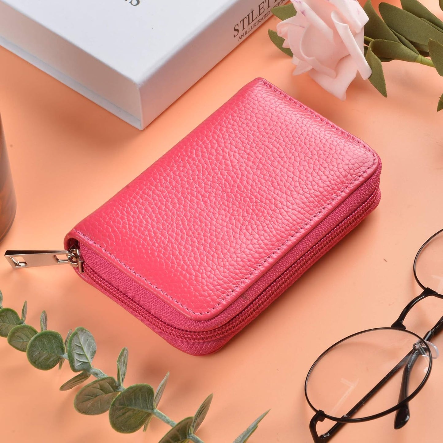 Easyoulife Genuine Leather Credit Card Holder Zipper Wallet With 26 Card Slots