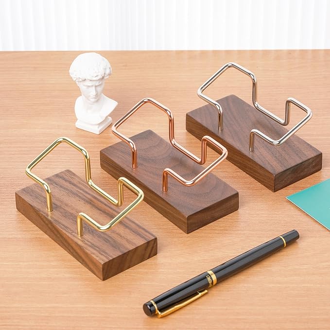 Business Card Holder for Desk, Modern Card Organizers and Office Desk Accessories for Men and Women (Walnut Golden)