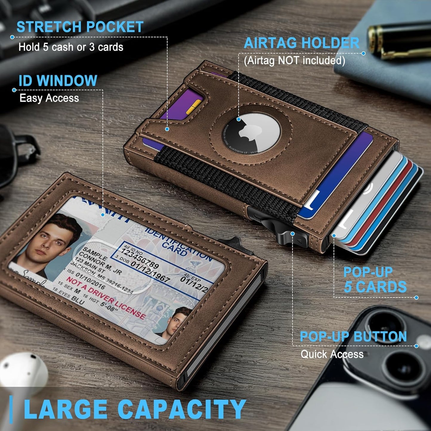 Airtag Wallet for Men, Slim Pop Up Credit Card Holder RFID Blocking Mens Minimalist wallet for 7-9 Cards ID Window, with Gift Box