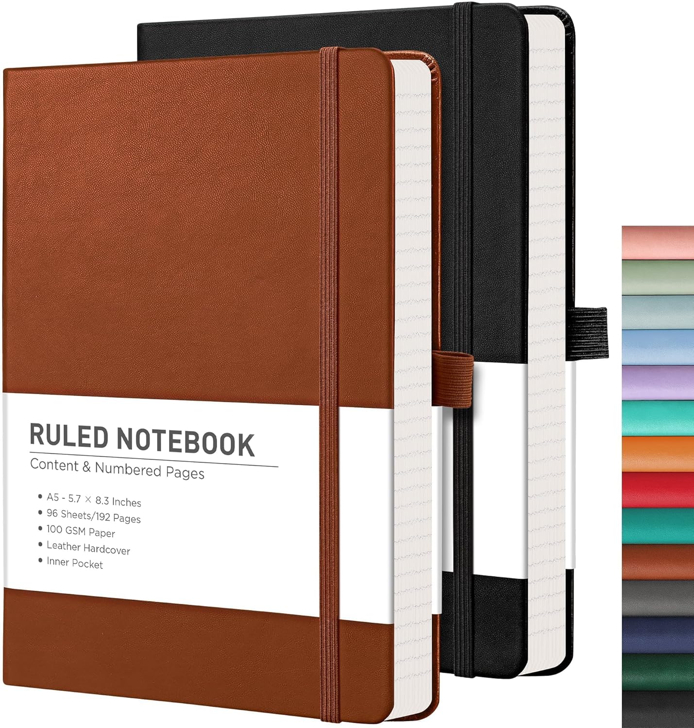 RETTACY Lined Journal Notebook, 2-Pack, 192 Numbered Pages per Pack, A5 Medium Size (5.7'' x 8.3''), for Men & Women, Writing, Work, Leather Hardcover, 100 GSM Thick Paper (Black & Brown)