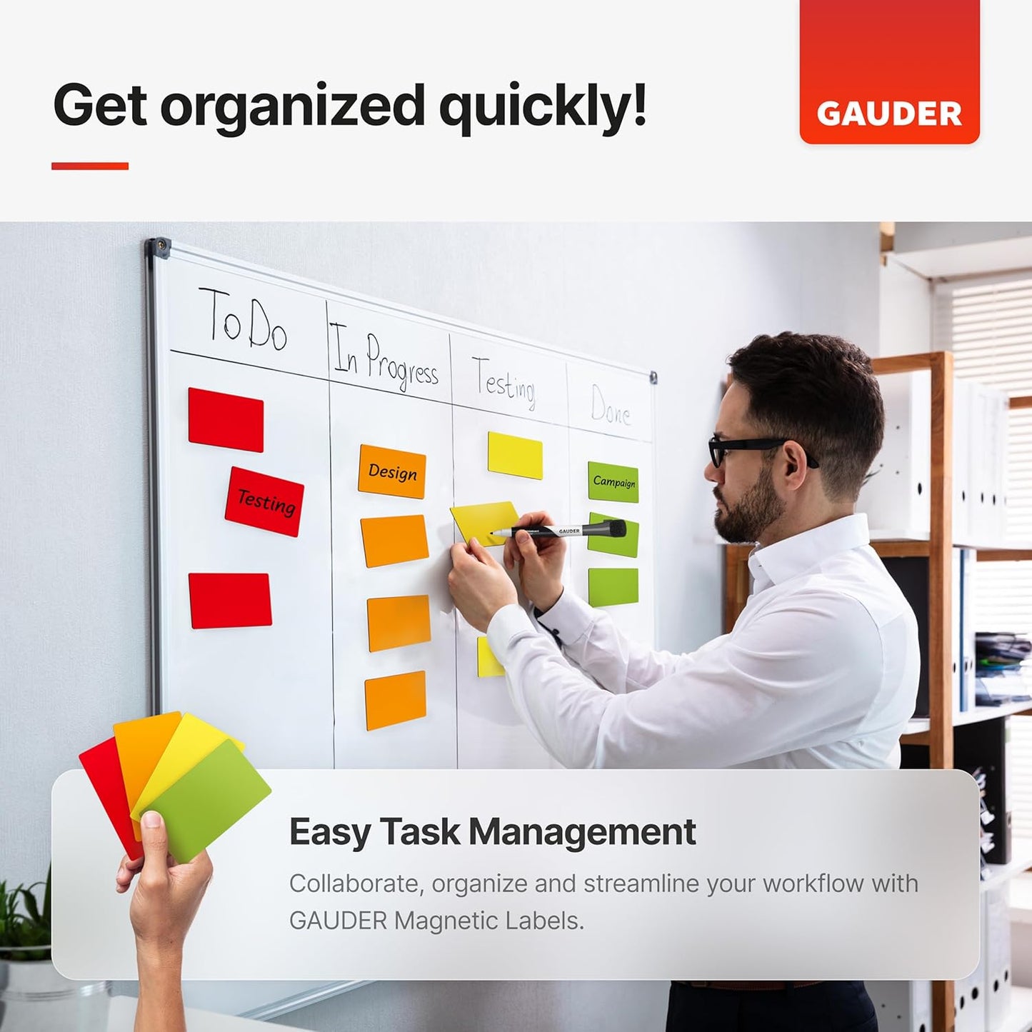 GAUDER Magnetic Labels Writable - Reusable Magnet Tags for Whiteboard, Chalkboard, Kanban Board and Refrigerator - Magnet Cards with Marker (90 Pack - 3 x 1 Inches)