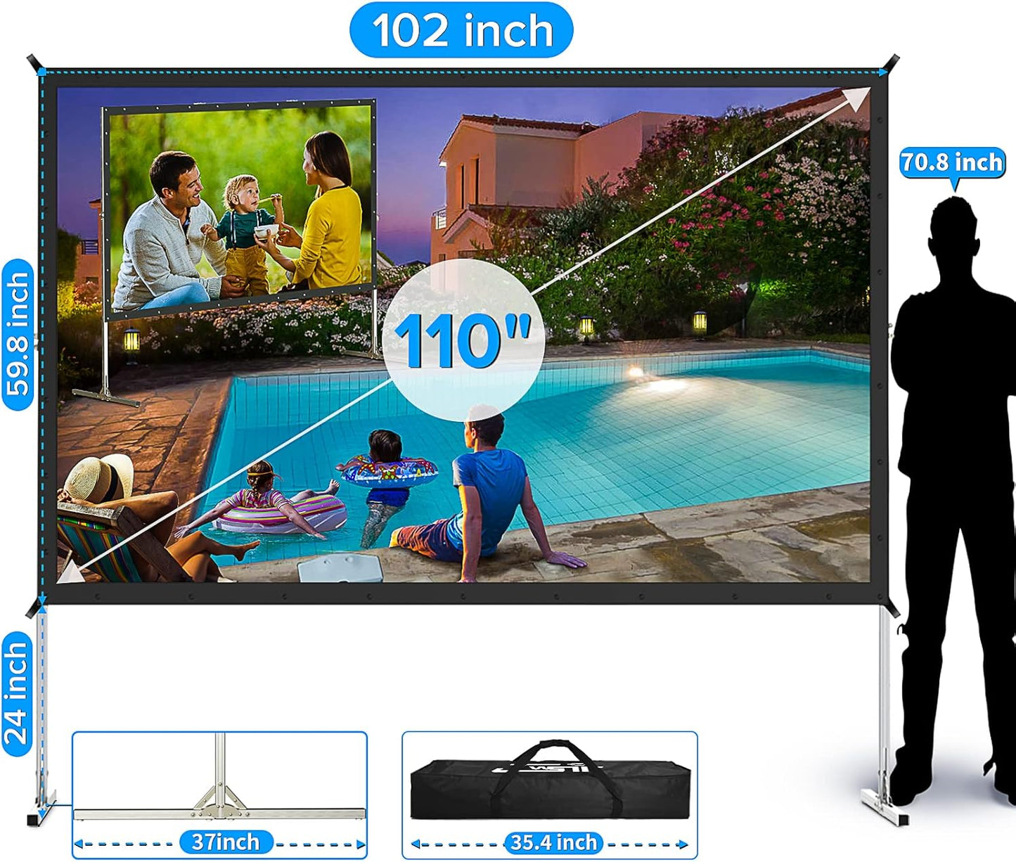Projector Screen and Stand,JWSIT 110 inch Outdoor Movie Screen-Upgraded 3 Layers PVC 16:9 Outdoor Projector Screen,Portable Video Projection Screen with Carrying Bag for Home Theater Backyard