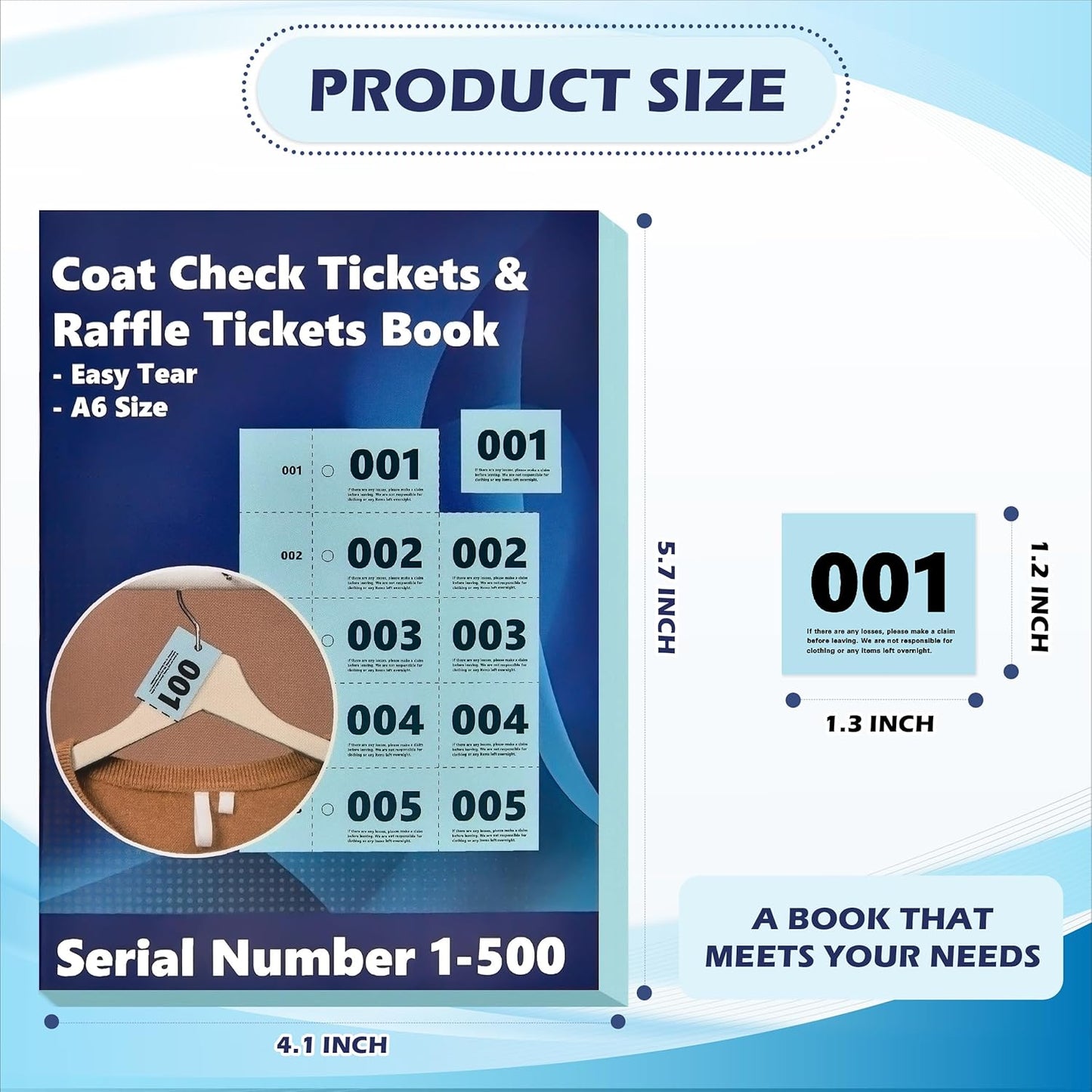 500 Pcs Coat Check Tickets 2 Part Book Bulk 5.8x4.2 Inch A6 Paper Coat Room Tags Raffle Tickets Coat Check Tags 1 to 500 with Hole for Cloakroom Storage or Event Raffle Draws (Blue) (1)