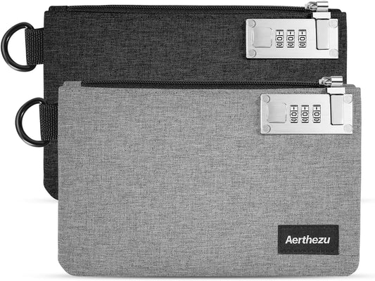 Money Bag with Lock, Aerthezu Cash Locking Bags with Zipper, Travel Safe Lockable Bank Bag, 2 Pack,Black & Grey - Size:5x8 Inches