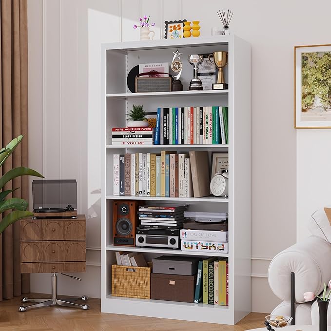 5 Tier Bookshelf, Metal White Book Shelf with Backboard, Adjustable 55" Tall Bookcase, Modern Book Shelves for Living Room, Office, Bedroom, School