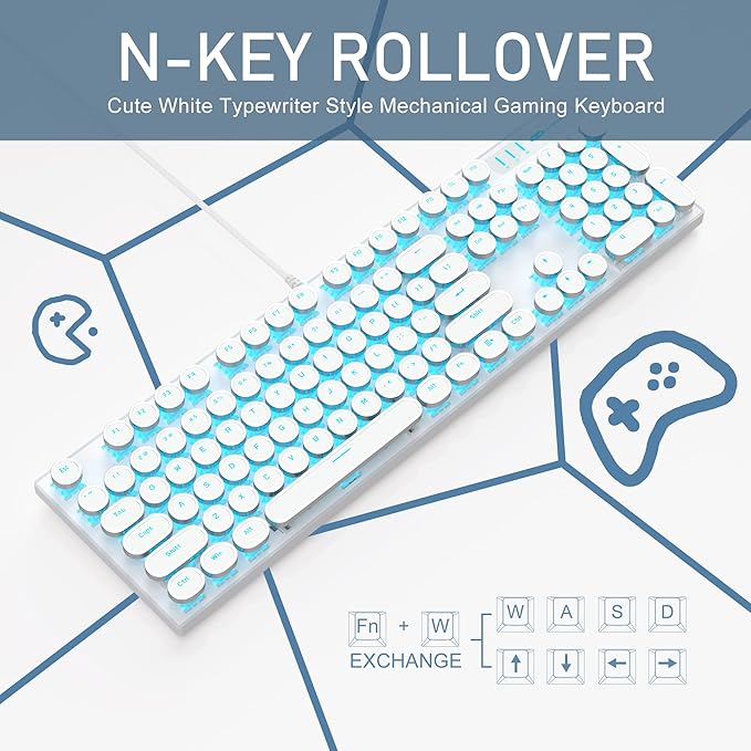 Camiysn Typewriter Style Mechanical Gaming Keyboard, White Retro Punk Gaming Keyboard with Blue Backlit, 104 Keys Blue Switch Wired Cute Keyboards, Round Keycaps for Windows/Mac/PC