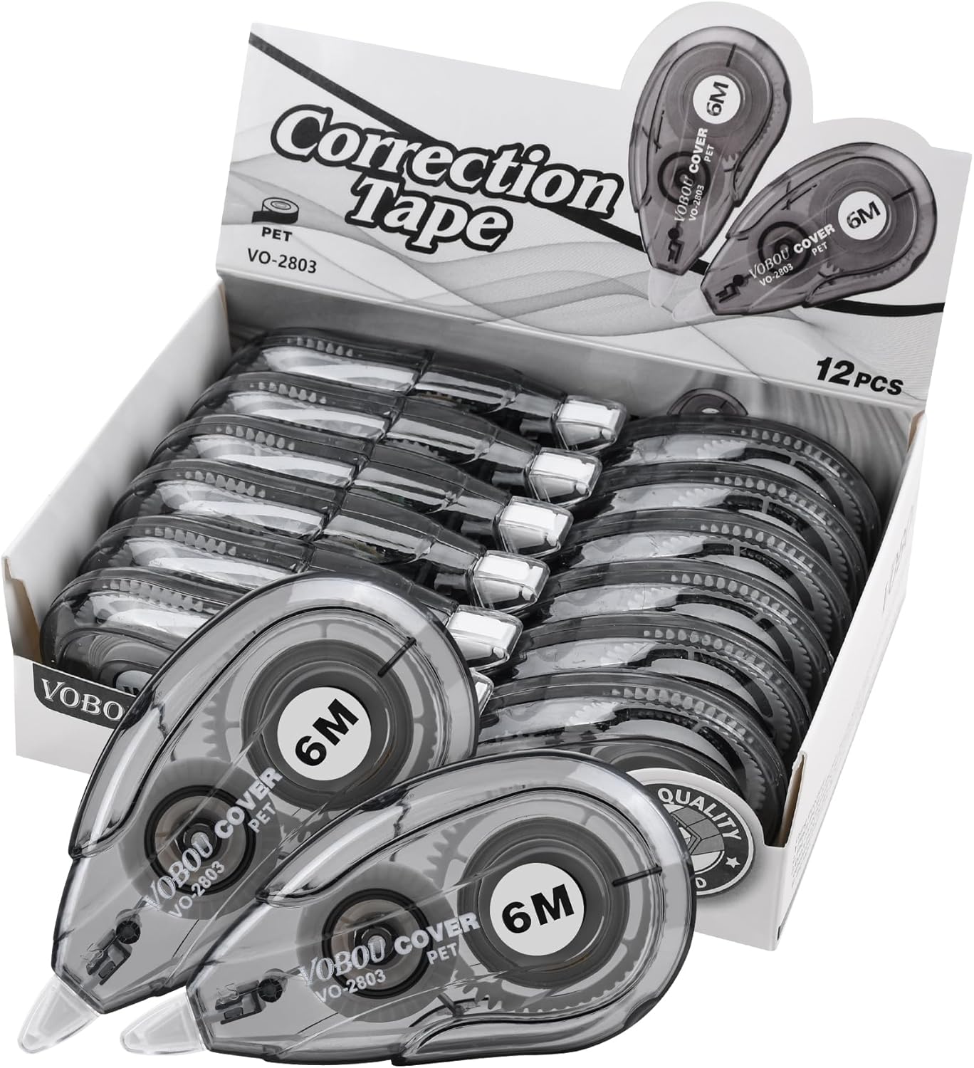 White Correction Tape Dispenser, Easy To Use Applicator for Instant Corrections, For school, Office (Black, 12pack, 6M/256, Tape Width 0.2in)