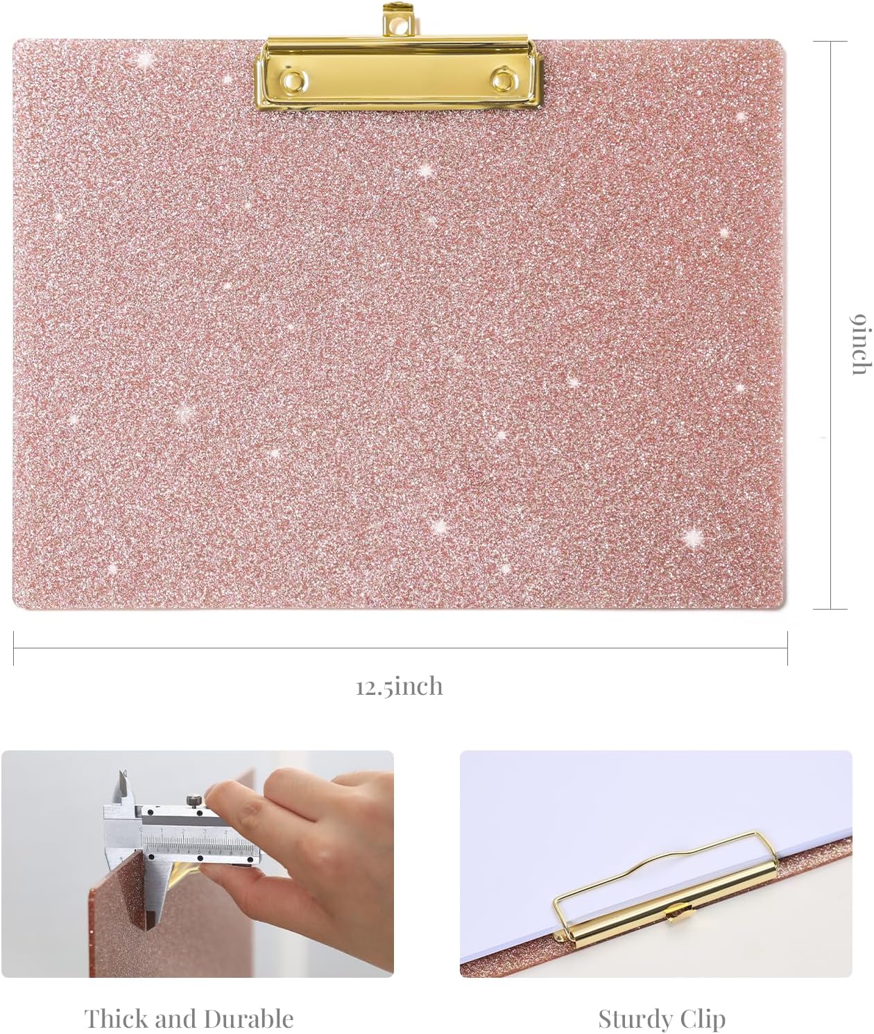 UNIQOOO Sparkle Rose Gold Glitter Landscape Clipboard, Horizontal Clipboard with Shiny Gold Finish Clip, Back to School Gift 1st Day Gift, Teacher Appreciation Gift, 12.5x9 in
