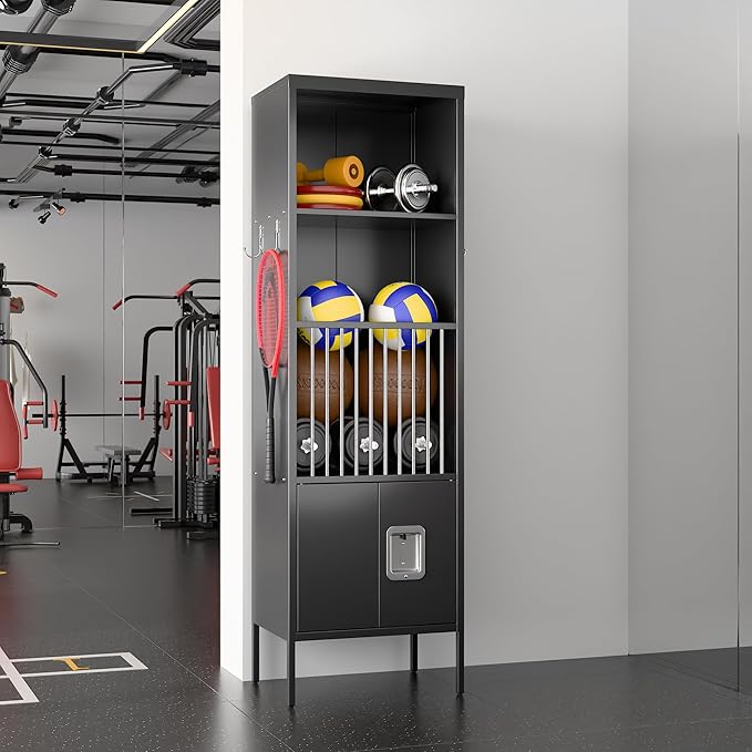 Aobabo 72" H Metal Storage Locker for Gym, for Stores Sports Gear Footballs, Rugby Balls and Tennis, Open Storage Locker with Hooks for School, Gym, Black, Assembly Required