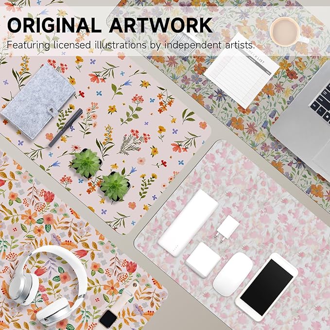 Botanical Floral Desk Pad Blotter,Large Mouse Pad 35 x 17in,PU Leather Desk Mat Writing Pad Protector, Non-Slip Waterprrof,Desktop Decor for Home Office & Gamers Women Girls (Colorful Floral)