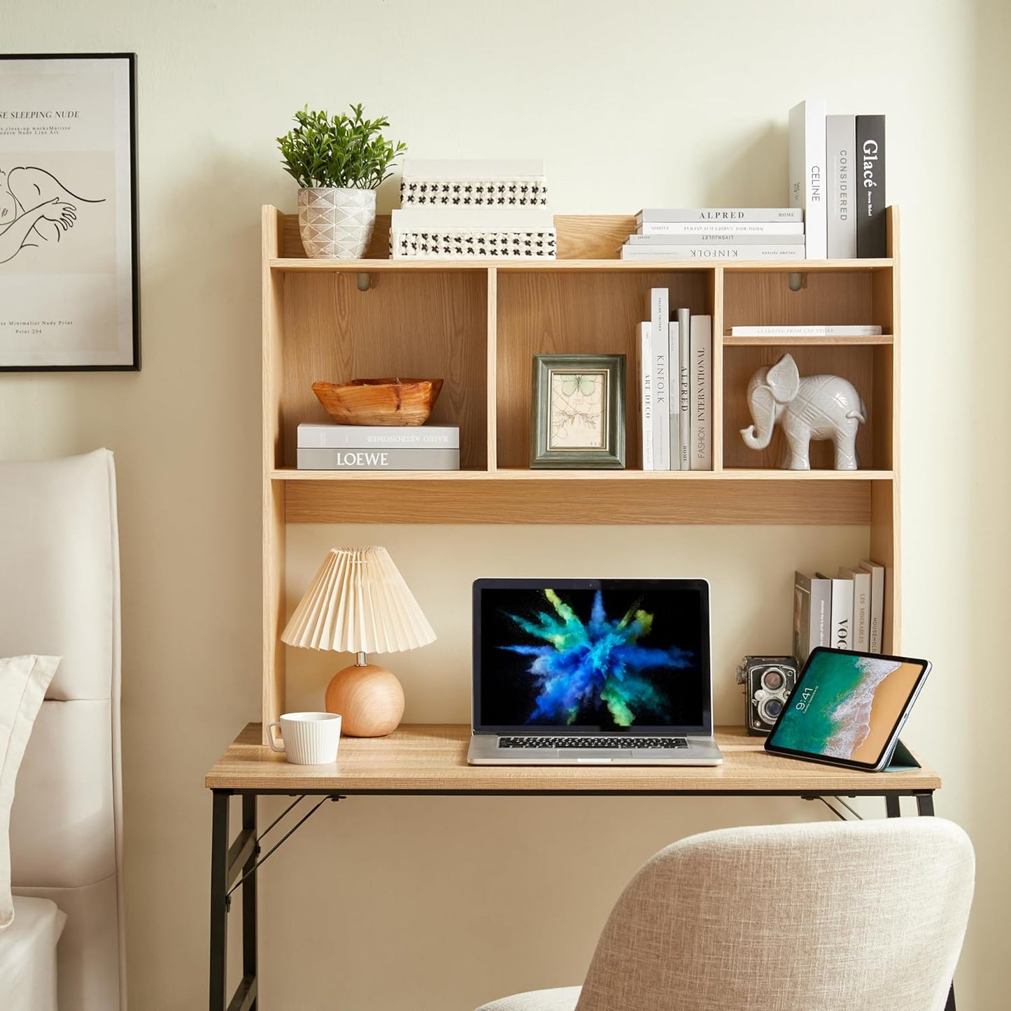 Desktop Bookshelf, Wooden Desk Storage Hutch with 6 Shelves for Computer Desk, 3-Tier Desktop Display Organizer Rack for Office Home (Natural)