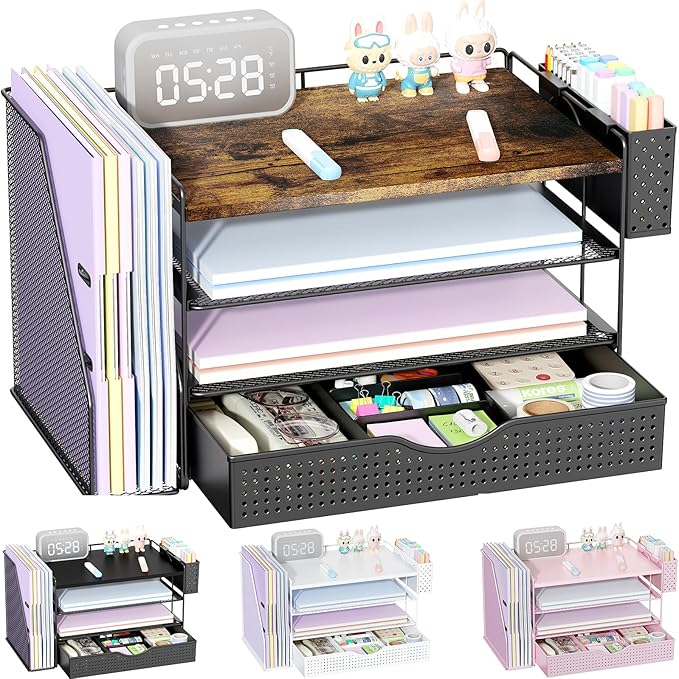 gianotter Wood Desk Organizers and Accessories with File Holder, 4-Tier Desk Accessories & Workspace Organizers with Drawer and Pen Holder, Paper Organizer for Office Supplies (Wood)