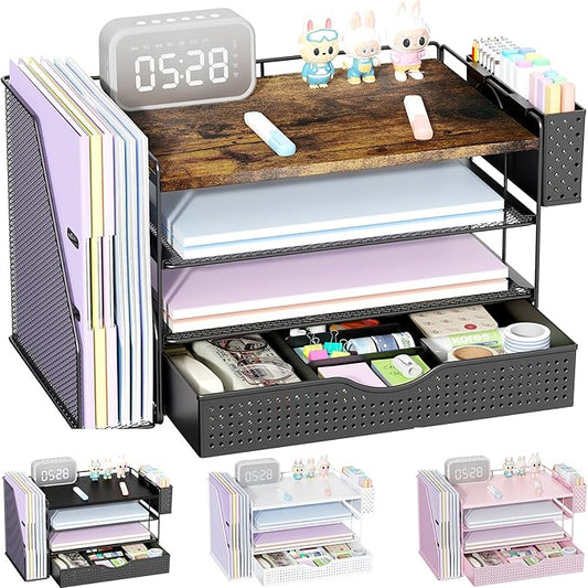 gianotter Wood Desk Organizers and Accessories with File Holder, 4-Tier Desk Accessories & Workspace Organizers with Drawer and Pen Holder, Paper Organizer for Office Supplies (Wood)