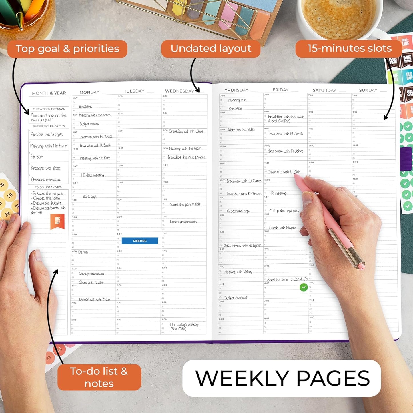 Clever Fox Appointment Book – Hourly Schedule Planner with 15-Minute Increments – Time Box Planner for Daily Work & To-Dos – Weekly & Monthly Spreads, Undated, Hardcover, 8.3x11″ (Purple)