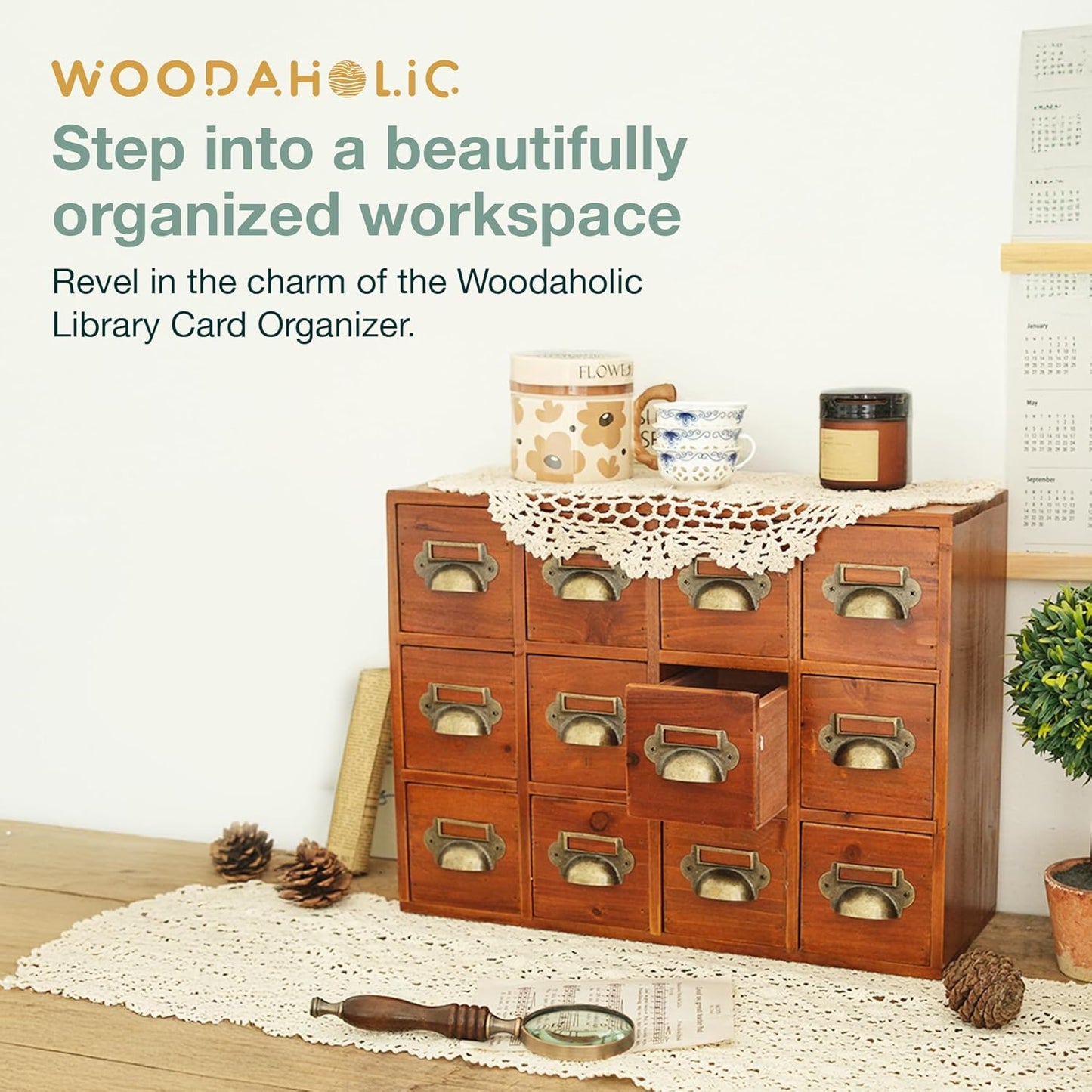 12-Drawer Apothecary Cabinet - Index Card Organizer - Mahogany Wooden Card Catalog - Fits Standard US 3x5in Index Cards - Vintage Desktop Drawer Organizer for Tea, Herbs, and Office Supplies