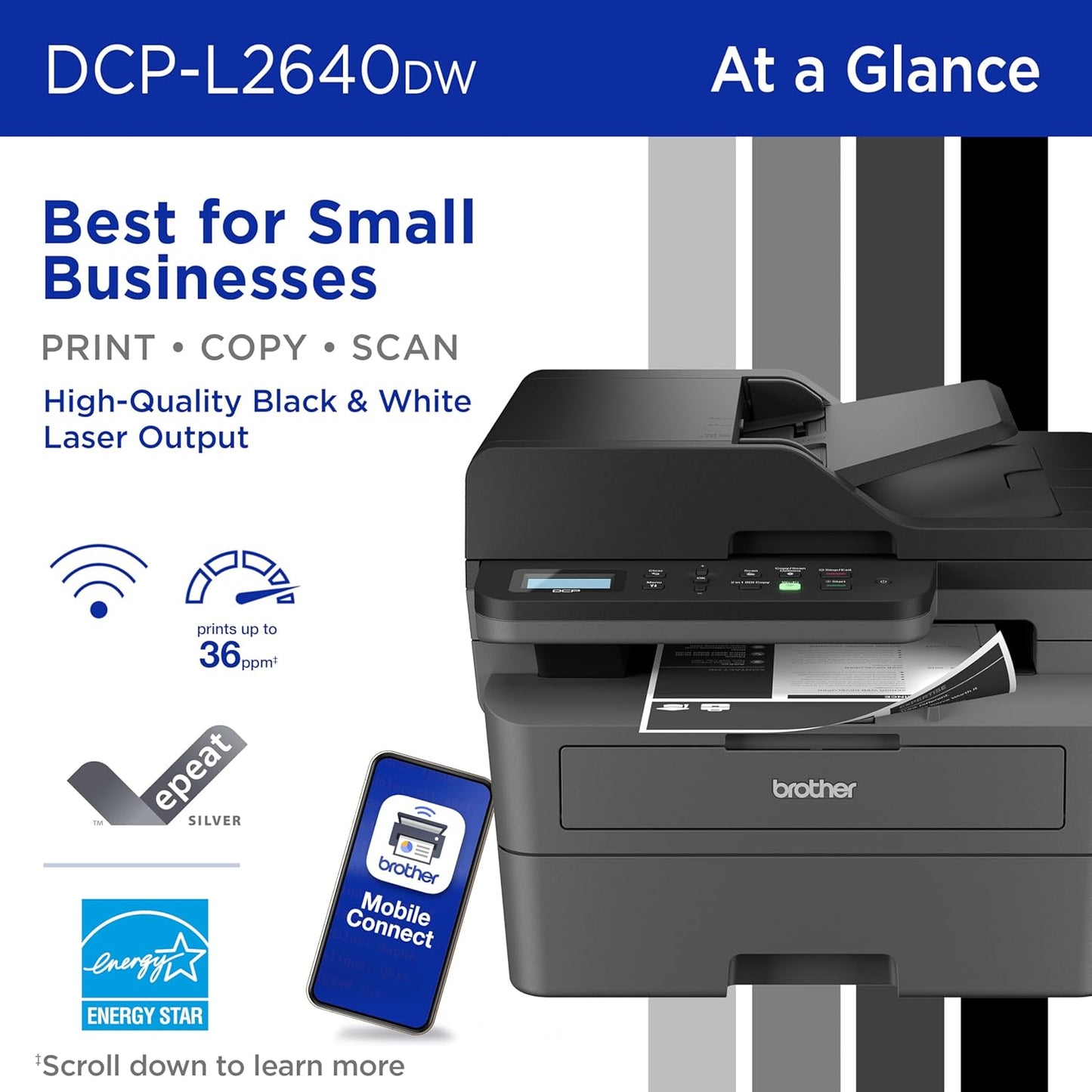 Brother DCP-L2640DW Wireless Compact Monochrome Multi-Function Laser Printer with Copy and Scan, Duplex, Black & White Output | Includes Refresh Subscription Trial(1), (Renewed Premium)