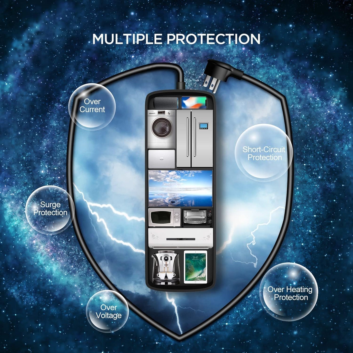 Surge Protector Power Strip - 12 Outlets,3 USB+USB-C 3.4A Ports, 6Ft Extension Cord, 1875W/15A, 4360Joules, Overload Protection - Ideal for Home & Office Use (Black-USBC)