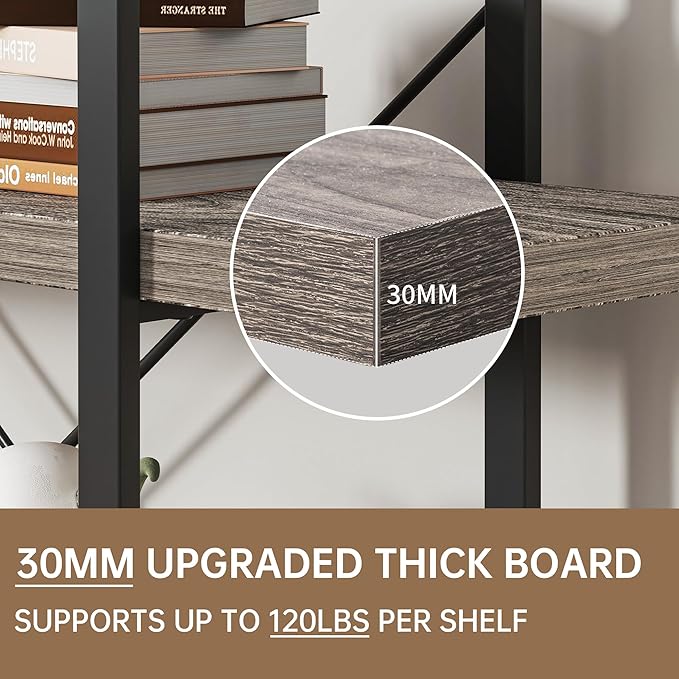 Bookshelf Set of 2, Heavy Duty 4-Tier Industrial Bookcase, 47" Wide Wood Bookshelf for Home Office, 120lbs Shelf Capacity, Rustic Display with Horizontal Shelf for Living Room Bedroom,Grey