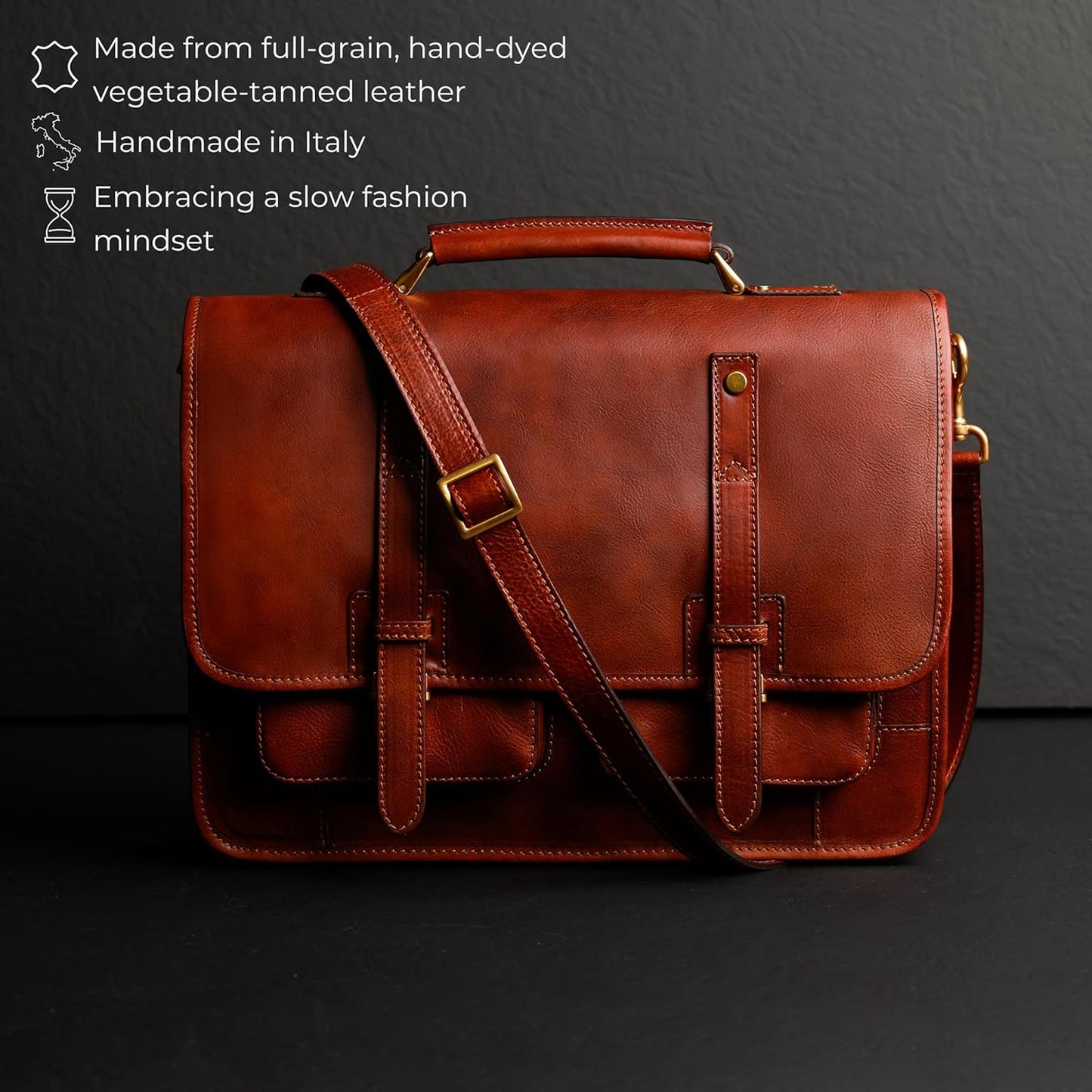 Time Resistance Leather Briefcase – Italian Handmade Leather Laptop Bag – Briefcase Convertible into Backpack