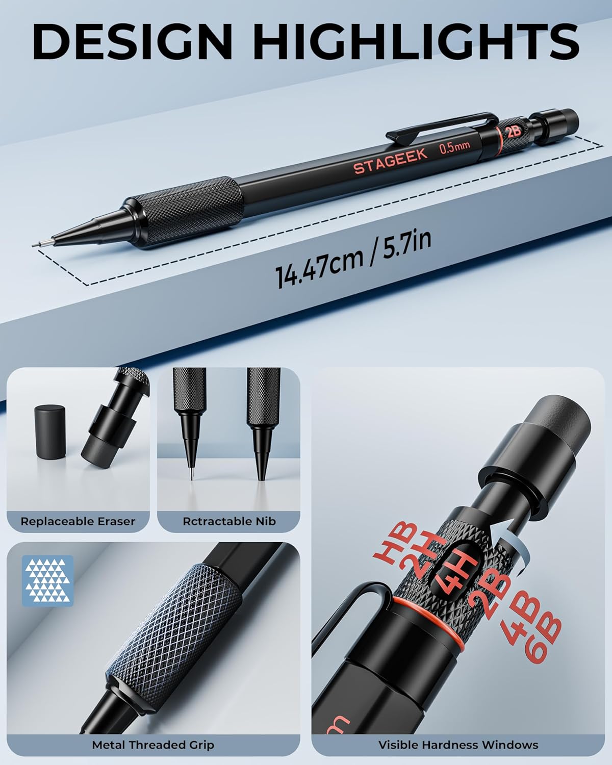 Mechanical Pencils 0.5 with Case, Metal Weatherproof Body Outdoor Artist Mechanical Pencil with 120 PCS HB & 2B Lead Refills, Eraser, for Writing Drafting Drawing and Sketching