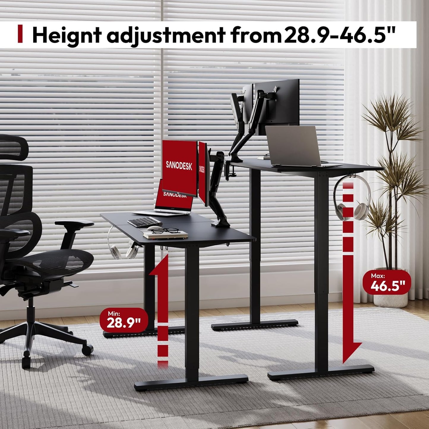 SANODESK Electric Standing Desk 55x24 Inch Height Adjustable Stand Up Desk Home Office Computer Workstation Sit Stand Home Office Desk with Splice Board (Black Frame + Black Top)