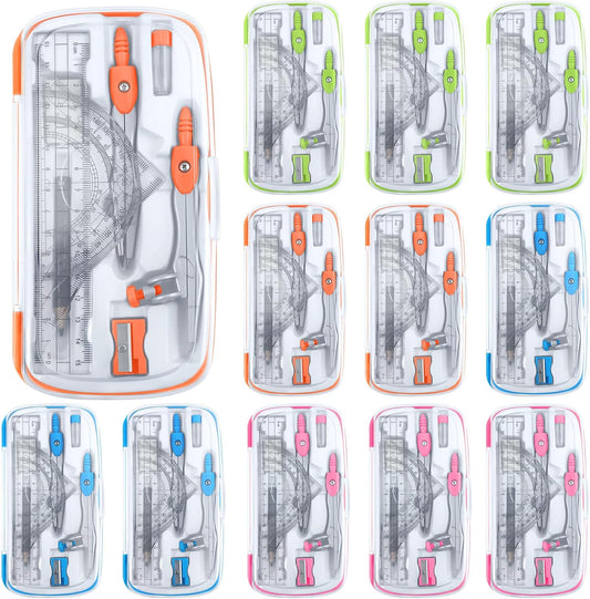 Teling 12 Sets Math Geometry Kit for Students 10 Pcs Compass Geometry Tools Set Includes Rulers Protractor Compass Eraser Pencil Sharpener Lead Refills Pencil (Colorful)