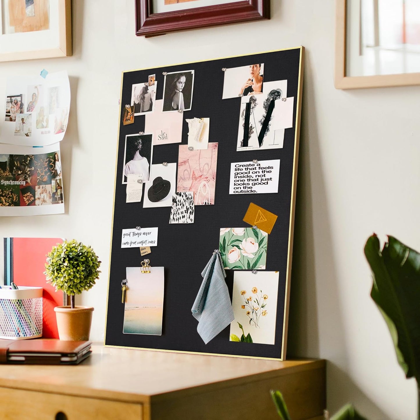 Bulletin Board 30 x 20 inches, Black Pin Board, Golden Aluminum Framed Fabric Cork Board with 10 Push Pins