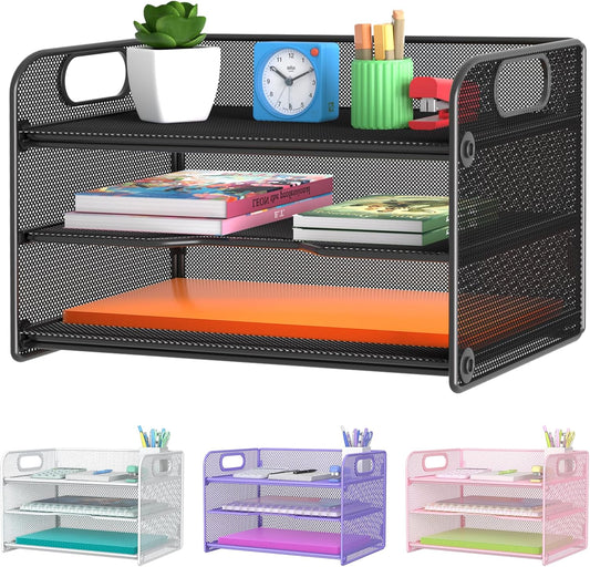 Samstar 3 Tier Letter Tray Paper Organizer with Handle, Mesh Desk Organizer Paper Sorter File Rack Shelves, Black