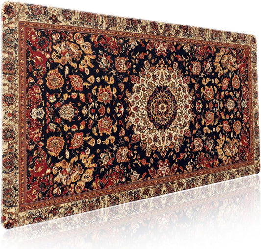 Vintage Rug Gaming Mouse Pad XXL Dark Brown Retro Carpet Aesthetic Extended Large Mat Mousepad Desk Pad Non-Slip Rubber Base Stitched Edge Flower Keyboard Pad Playmat for Computer,35.4×15.7 Inch