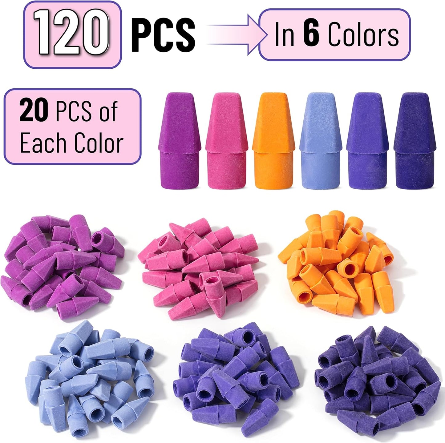 Mr. Pen- Pencil Top Erasers, 120 Pack, 6 Different Twilight Pulse Colors, Latex-Free & No Smudge Pencil Eraser Tops