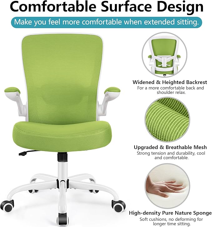 FelixKing Office Chair, Ergonomic Desk Chair Breathable Mesh Chairs with Adjustable High Back Lumbar Support Flip-up Armrests, Executive Swivel Comfy Task Computer Chairs for Home Office Green