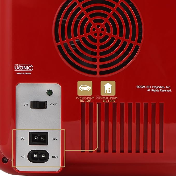 Ukonic NFL San Francisco 49ers 15-Can Mini Fridge 10L – AC/DC Powered, Official Team Colors & Logo, Portable Cooler for Tailgates, Home, Office, or Car