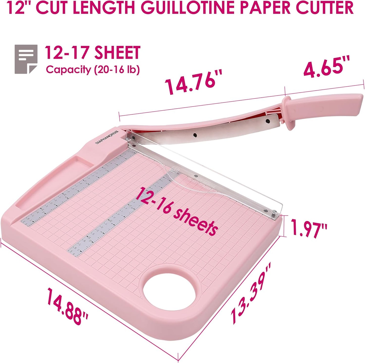 Paper Cutter Trimmer for Office&Crafts, Heavy Duty Guillotine Paper Trimmer with Portable Base Design/Safety Protection and Blade Lock, Paper Cutter 12 Sheets, Cardstock/Laminate (Pink)