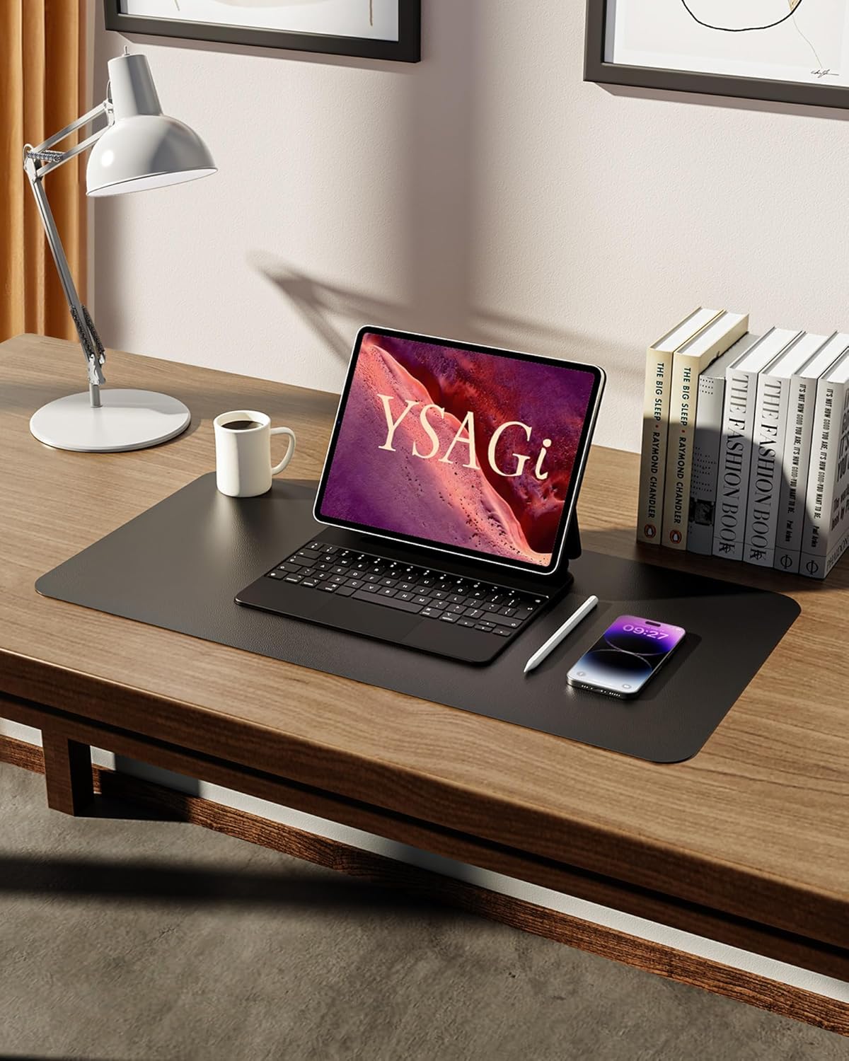 YSAGi Leather Office Desk Pad Protector, Large Mouse Pad, Non-Slip, PU Leather, Laptop Desk Blotter, Waterproof Writing Pad for Office and Home, Black, 23.6" x 13.8"