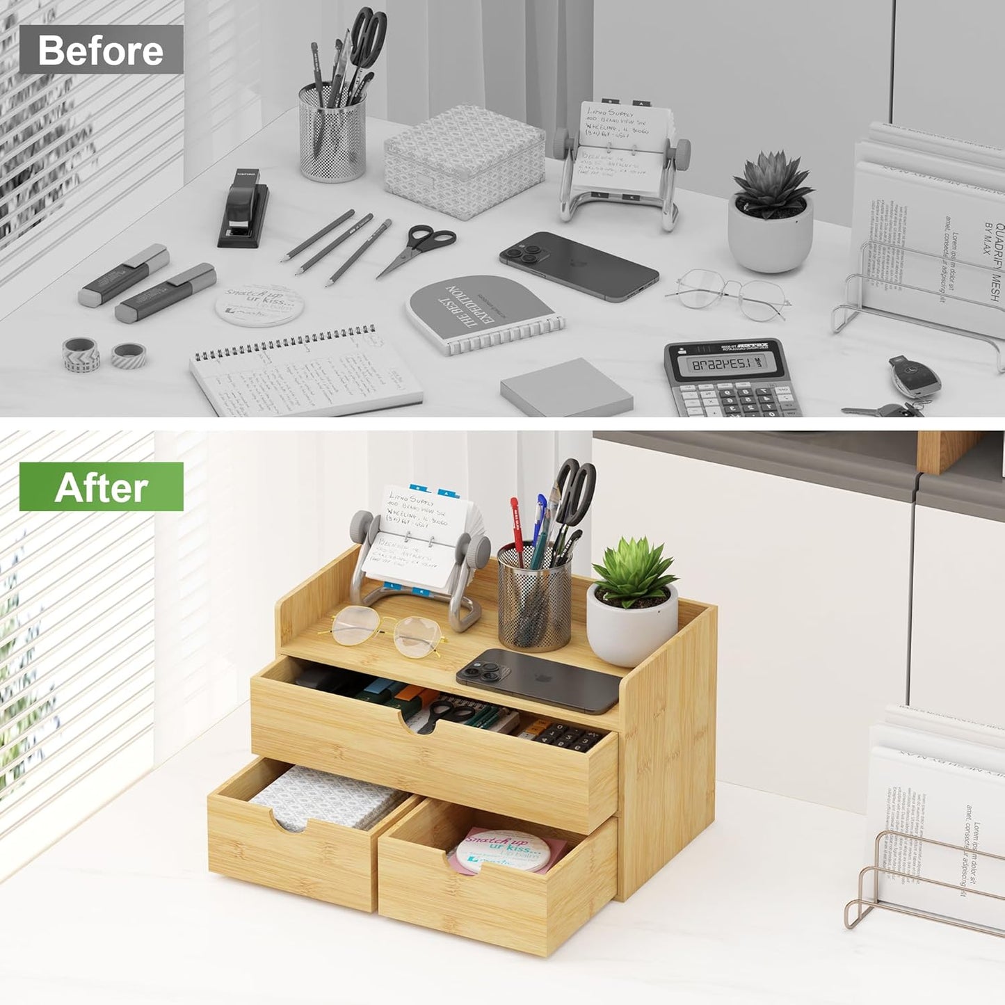 Bamboo Desk Organizer with Drawers Small Desktop Drawers for Countertop Mini Tabletop Storage Container with Drawer for Home Office No Assembly Required