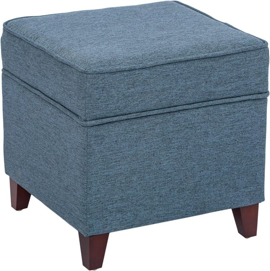 Adeco 17" Square Ottoman with Storage, Small Blue Storage Ottoman Foot Rest with Hinged Lid & Solid Wood Legs, Linen Fabric Foot Stool for Living Room & Bedroom