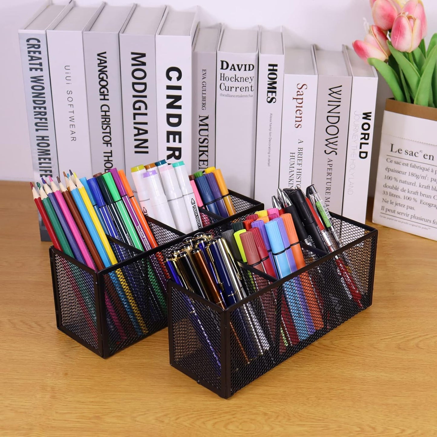 Black Mesh Pen Pencil Holder, Small Metal Desk Organizer Desktop Stationery Office Supplies Acessories Storage Stand, 3 Compartments Brushes Holder for Home School Classroom Teachers