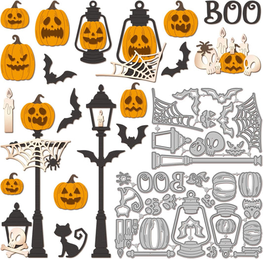 GLOBLELAND Halloween Pumpkin Lamp Cutting Dies for Card Making Skeleton Bat Cut Die for DIY Scrapbooking Journal Embossing Paper Craft Decor