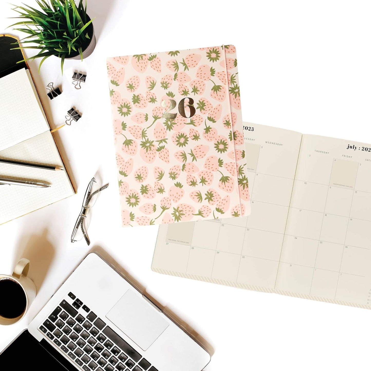 18 Month Planner/Calendar by Graphique, July 2025 – Dec. 2026 Strawberries Monthly Planner, Holidays, Notes Pages, 8” x 10”