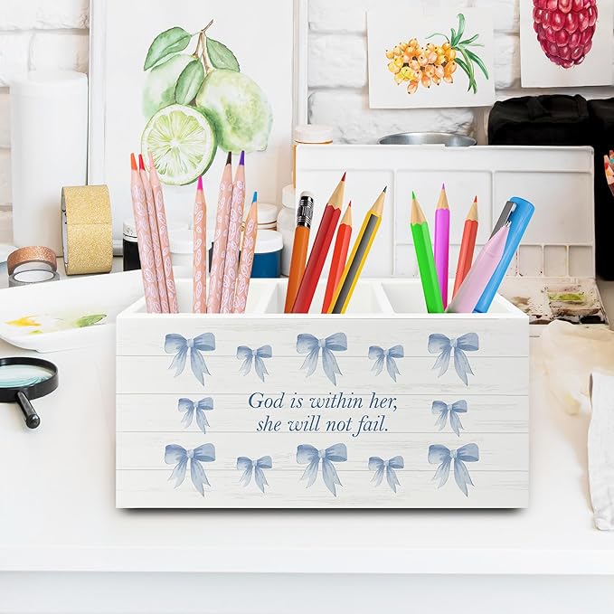 Blue Coquette Bow Christian Pen Pencil Holder Organizer for Desk, Preppy Desk Decor, Christian Gifts for Women, Bible Verse Wooden Box Sign for Girly Room Bedroom Dorm Tabletop Decorations