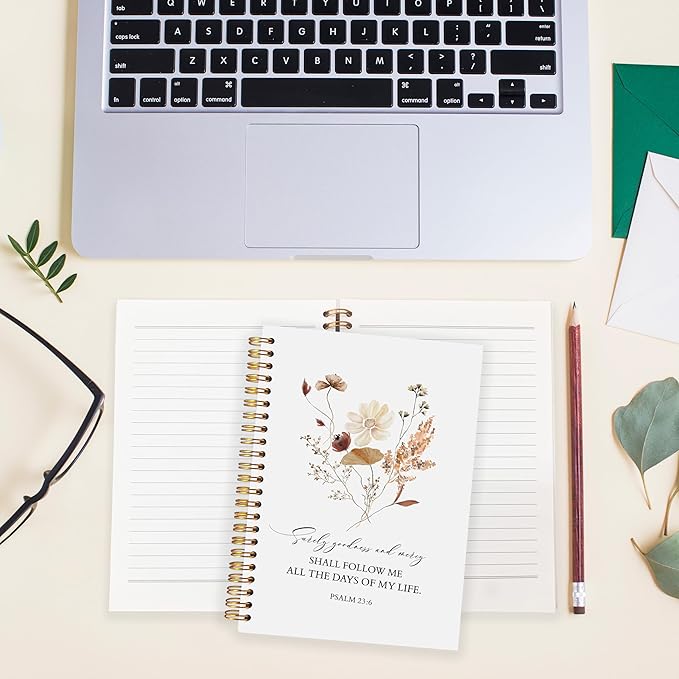 BearCake Floral Christian Notebook Journal, Christian Gifts for Women, Bible Notebooks for Note Taking, Bible Journaling Notebook, Surely Goodness and Mercy Hardcover Spiral Notebook 5.5x8.3