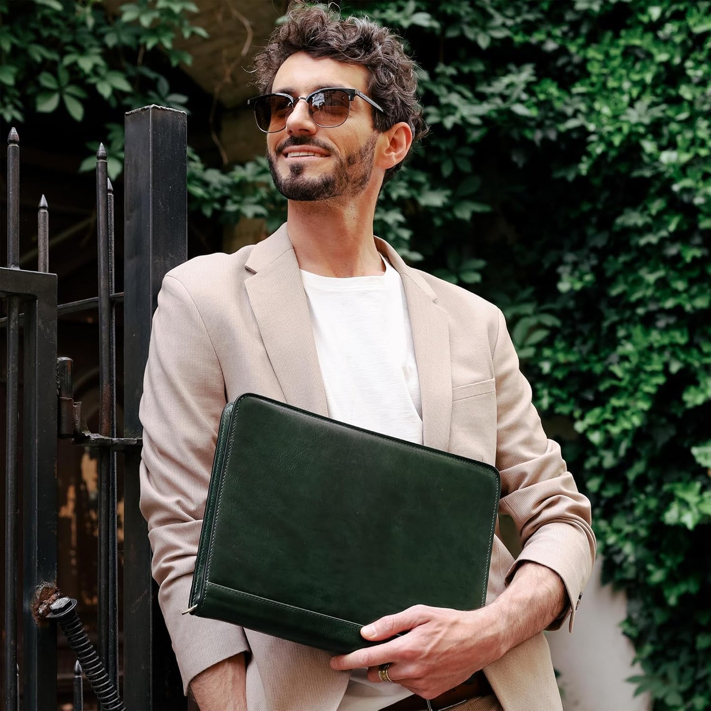 Time Resistance Leather Portfolio - A4 Document Folder - Italian Handcrafted Padfolio Organizer (Green) - Gift Box Included