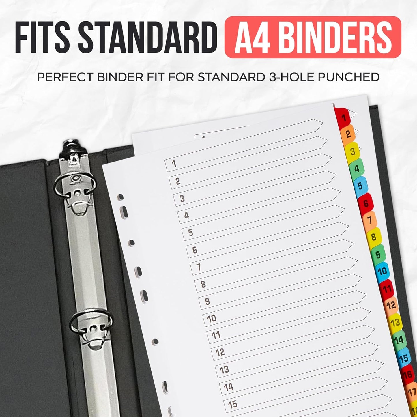 [25 Pack] A4 File Dividers 20 Part Numbered 1-20 | A4 Subject Dividers 20 Part Numbered 1-20 with Multipunched Reinforced Colour Tabs 150gsm