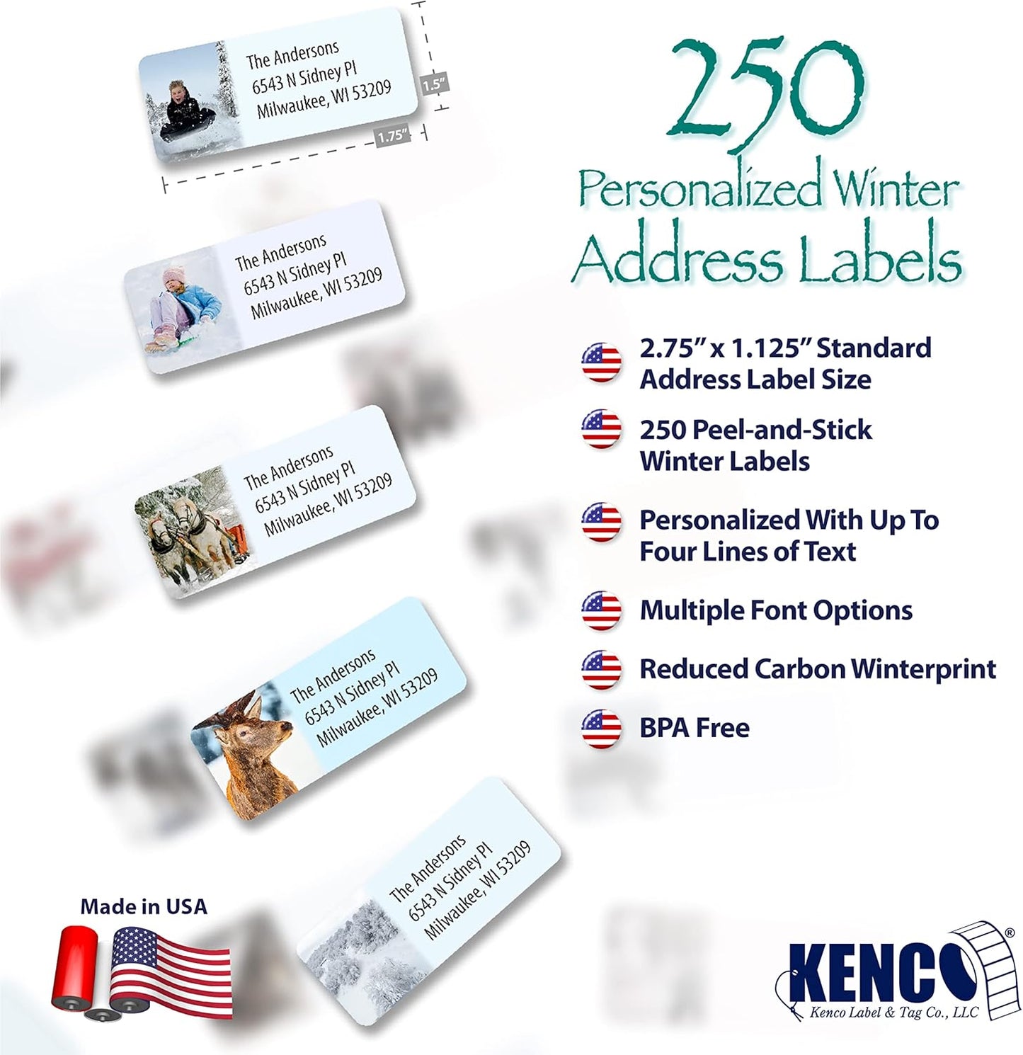 Customized Personalized Winter Holiday Address Labels - Made in The USA by Kenco (250 Labels, Winter)