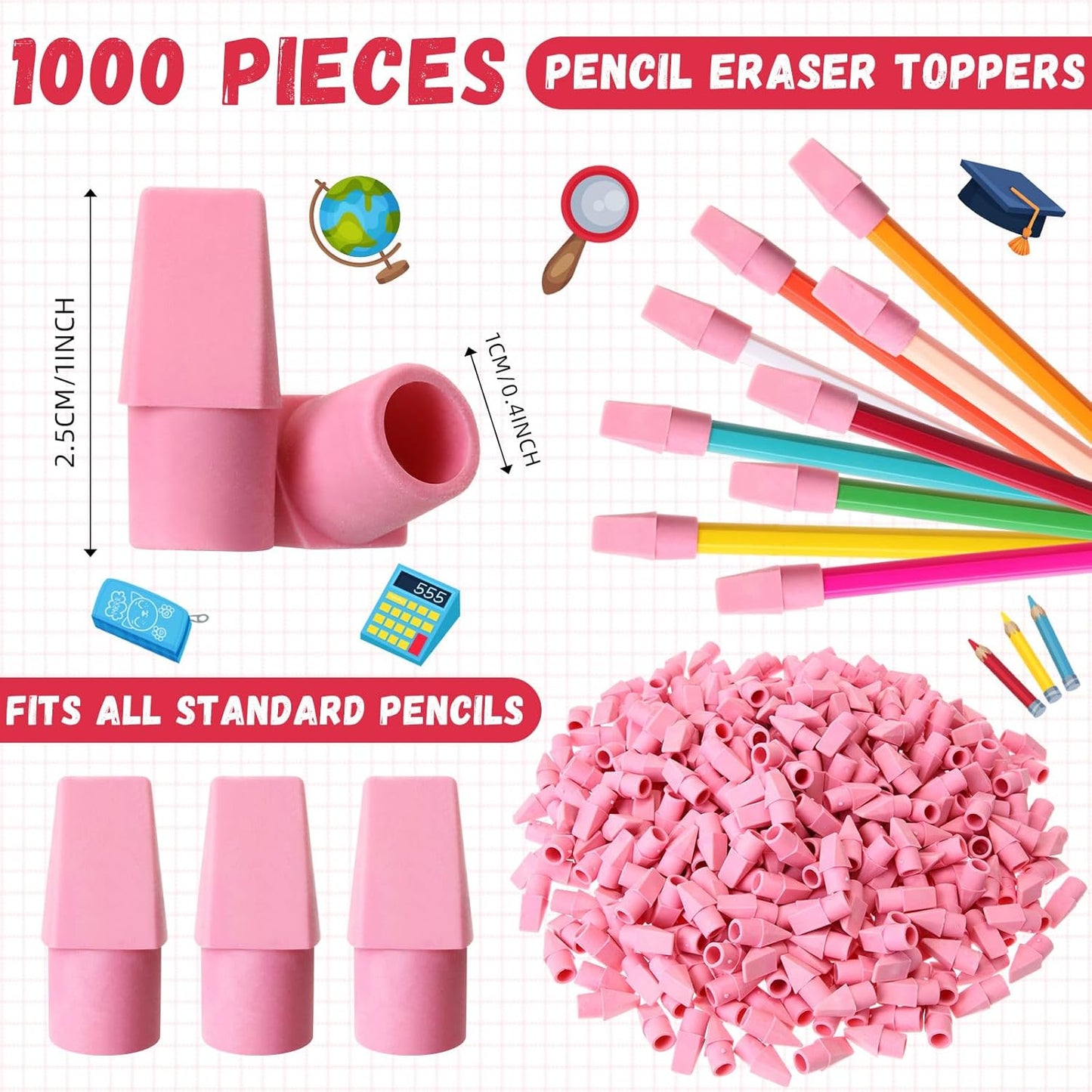 Crtiin 1000 Pcs Pencil Top Erasers Bulk Caps for Pencils Chisel Shape Erasers Toppers Classroom Party Favors Games Prizes Funny Pencil Eraser Cap for Kids Studying Supplies Home Office(Pink)