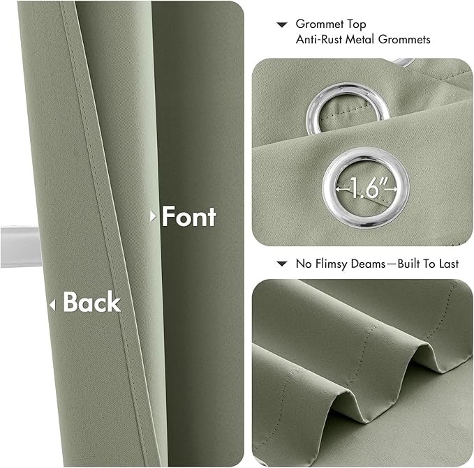 MIULEE Sage Green Blackout Curtains for Bedroom Living Room 63 Inches Long 2 Panels, Thermal Insulated Room Darkening Drapes Solid Grommet Top Noise Reducing Light Green Window Treatments 40x63 Inch