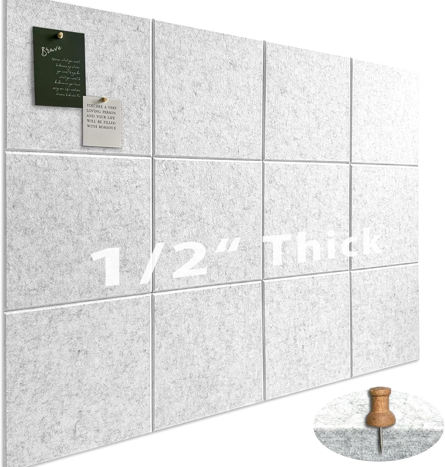 Large Cork Board for Office Wall Decor,48"x36"-12 Pack Felt Wall Tiles with Safe Removable Adhesive Tabs, 1/2" Thick, Felt Bulletin Board Pin Board Cork Boards for Walls - Light Grey