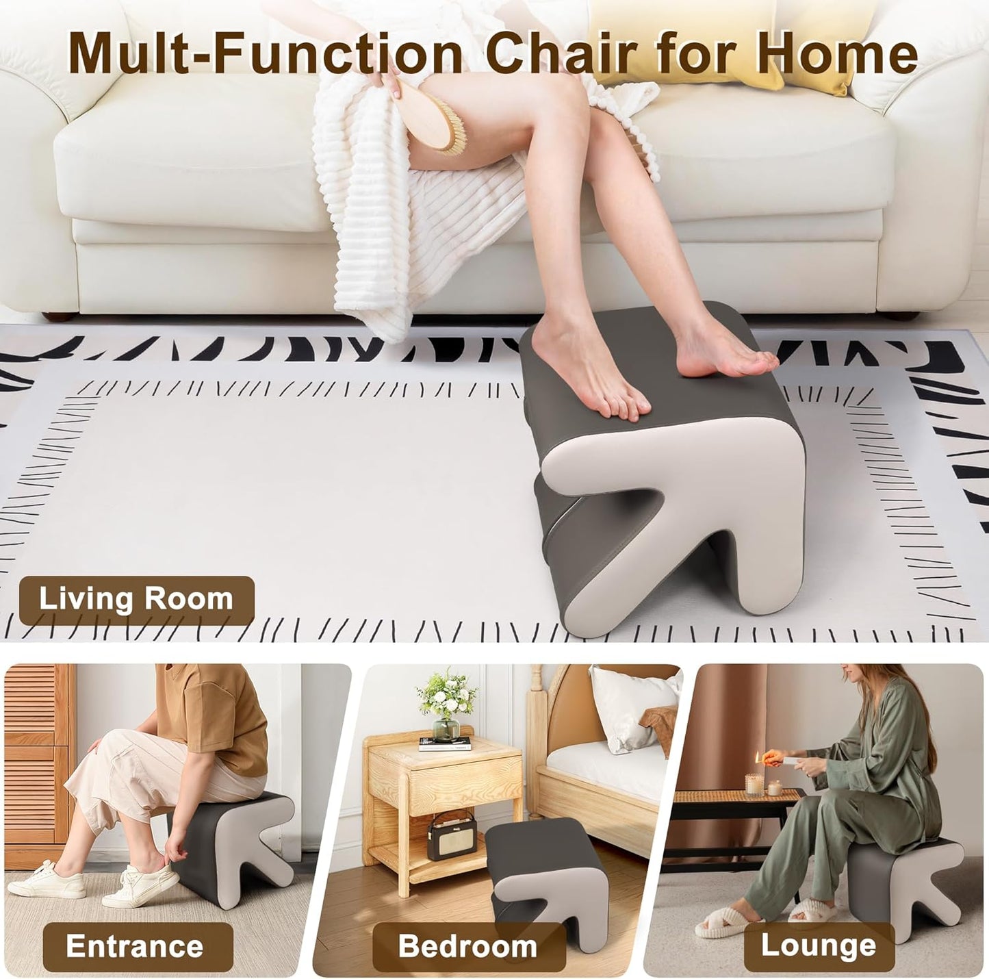 H&B Luxuries Ottoman, Foot Stool with Creative Shape, Napa Leather Ottomans, Removable Outer Foot Rest, No Assembly Required, Ottoman for Living Room, Bedroom, Entrance, Gray White