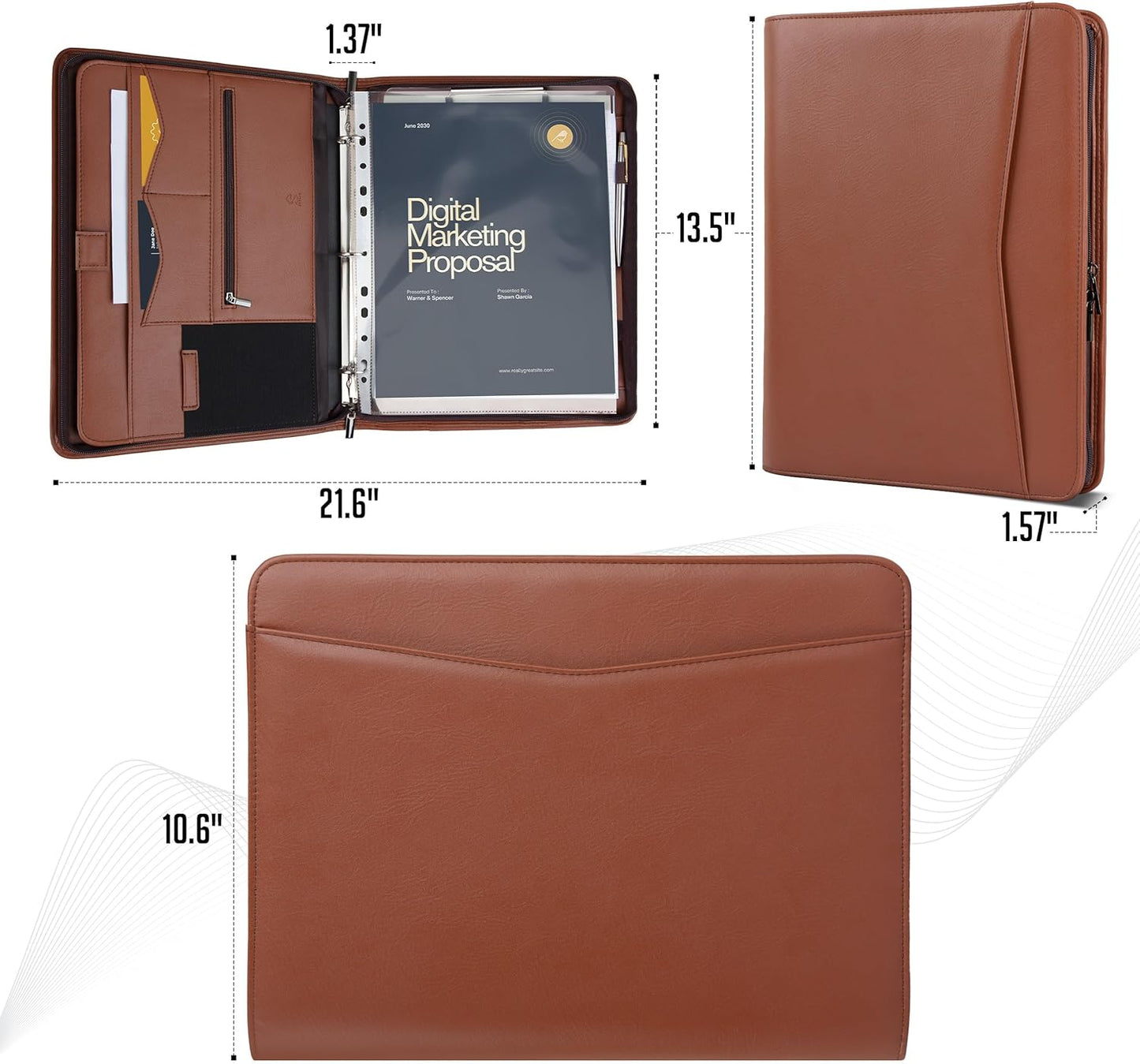 STYLIO Zipper Portfolio | Padfolio 3 Ring Binder and Clipboard Folio (Removable) | Portfolio Organizer for Documents, Tablet, Phone |Faux Leather Binder for Men and Women | Tan (Brown) Color